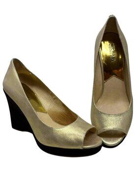 Michael Michael Kors Lexi Gold Leather Peep Toe Platform Wedge